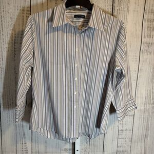Lands End Women’s Top Size 16 Striped 3/4 Sleeve Purple Grey Tan Button Up